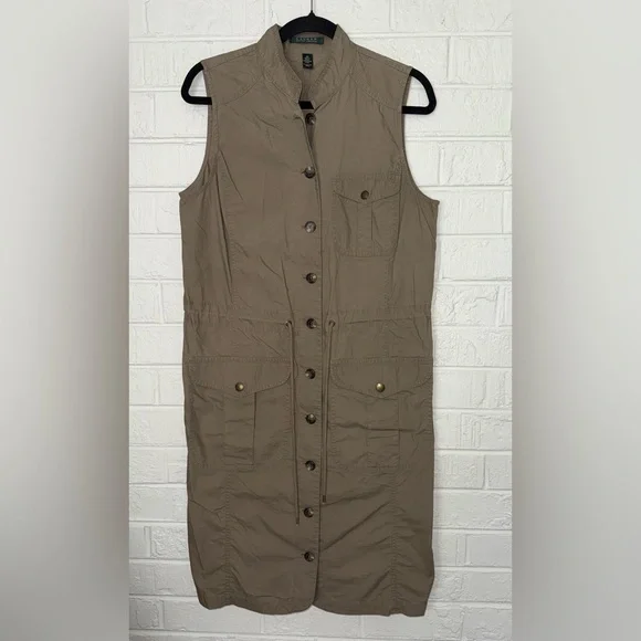 LAUREN RALPH LAUREN Women’s Button Front Drawstring Waist Cotton Dress Sz 10 ✨ - Picture 2 of 8
